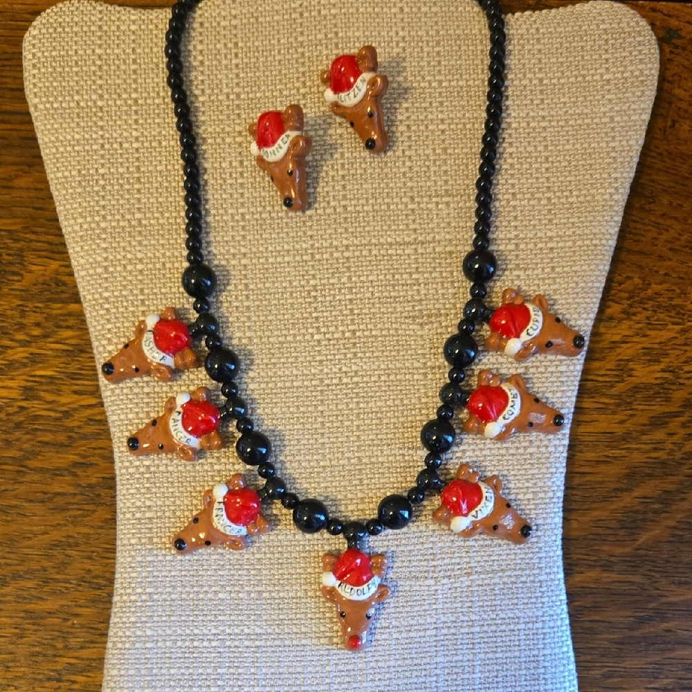♦️Festive Reindeer Necklace and Earring Set Handmade FINAL PRICE
